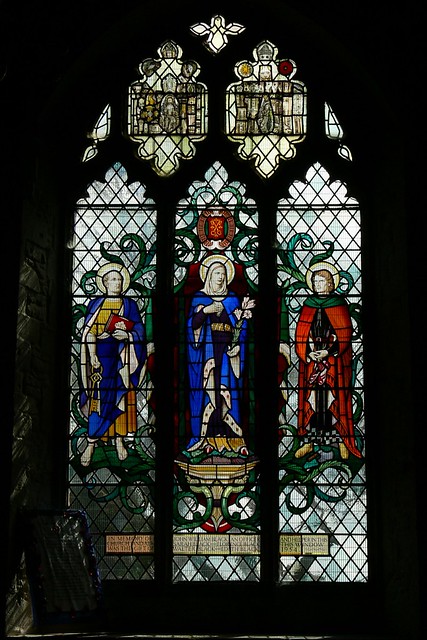 St. Crispen with shoes and awls stained glass by Francis Skeat
