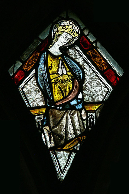 Virgin enthroned stained glass medieval northamptonshire