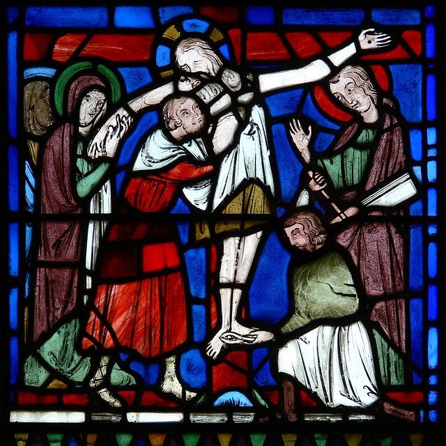 Christ taken down from the cross, stained glass, medieval, saint-chappelle, paris